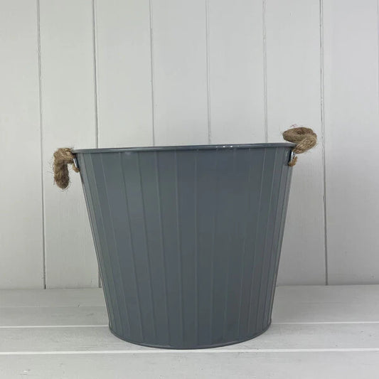 28cm Cool Grey Round Tapered Zinc Planter with Rope ears and Drainage Hole