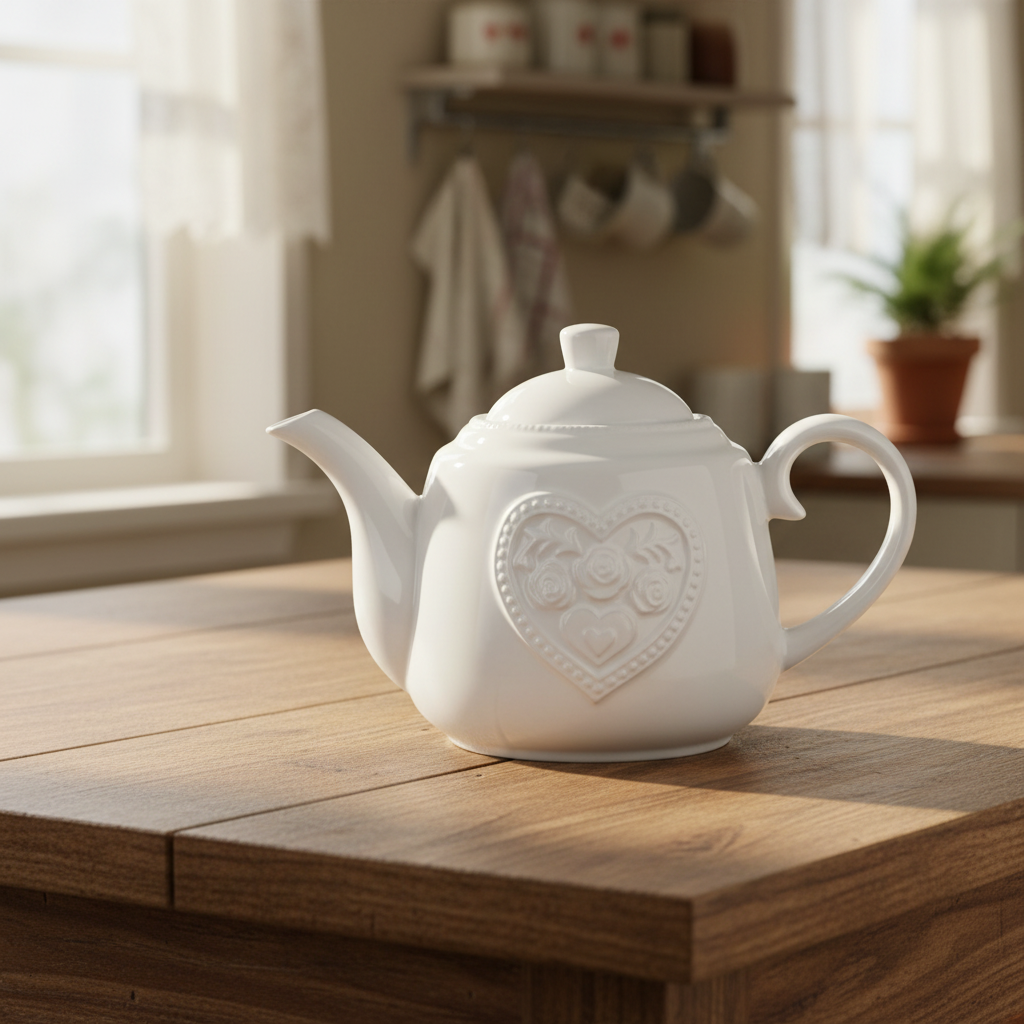 White Ceramic Teapot with Floral Heart Detail