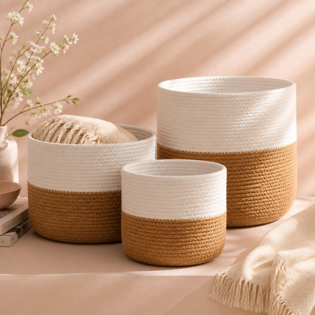 Set of 3 Cotton Rope Storage Baskets - White | Four Candle