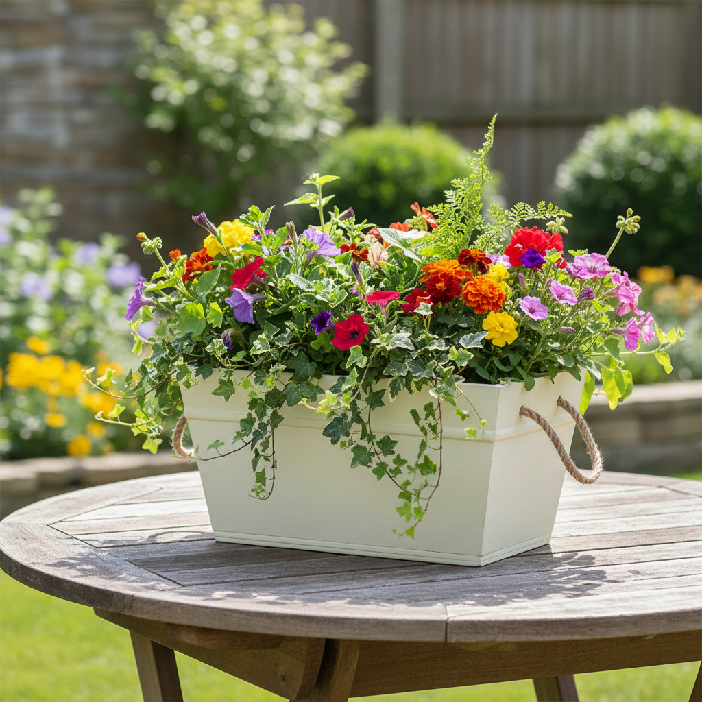 Rectangular Yellow with Witewash Trough with Wooden Beading & Rope Handles