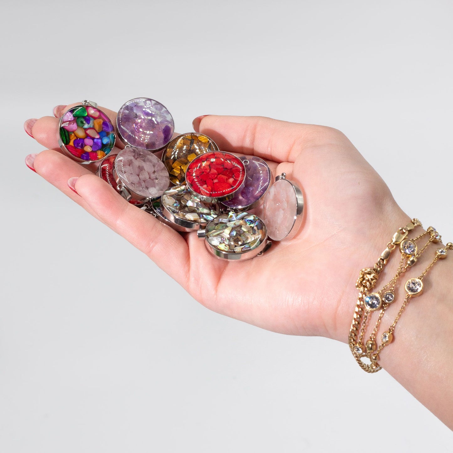 Steel Cased Pendant Round - 12 Assorted Gemstone Chips & Shells