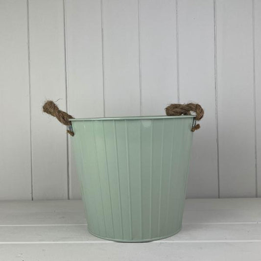 Sage Green Round Tapered Zinc Planter with Rope Ears and Drainage Hole