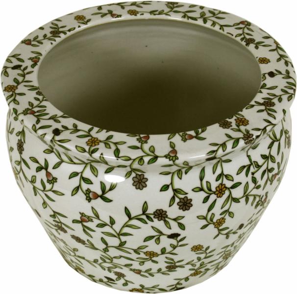 Ceramic Planter Vintage Green & White Floral Design