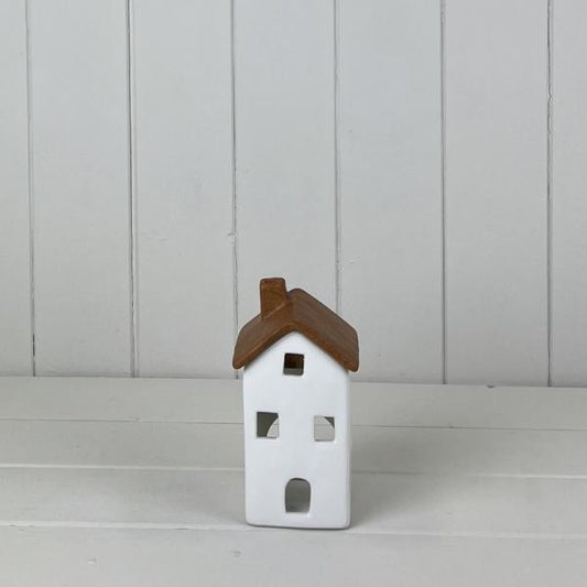 White/Wood Grain Effect Ceramic House Tealight Holder