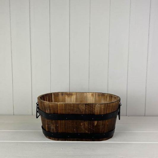 Wooden Oval Planter with 2 Metal Bands and Handles L30cm D18cm H14cm