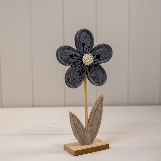 Medium Grey Felt Flower on Wooden Base Decoration