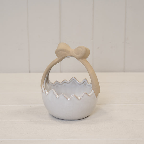 Ceramic Easter Egg Basket White Glazed with Unglazed Bow Handle 125.7cm x 11cm x 15.3cm