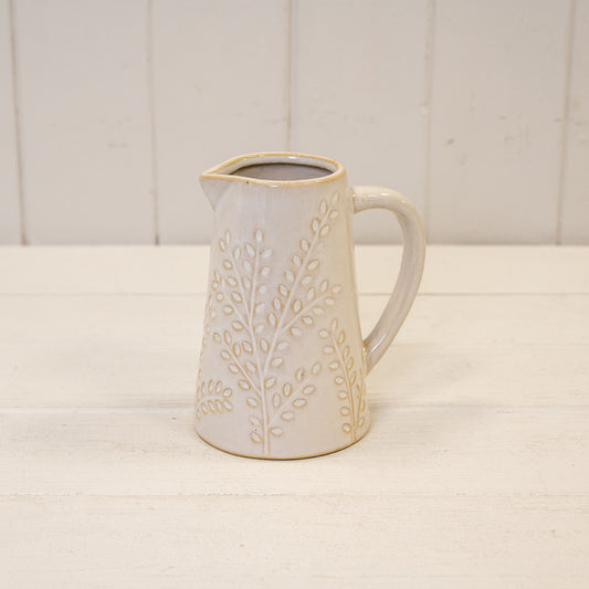 Small Natural Ceramic Jug with Olive branch Design 11.6cm x 8.5cm x 12.7cm