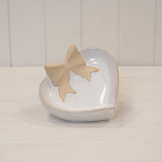 Heart Shaped Shallow Dish with Unglazed Bow Design 15.3cm