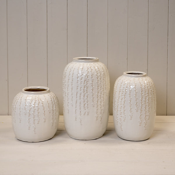 Small Cream Ceramic Ribbed Vase 18cm High