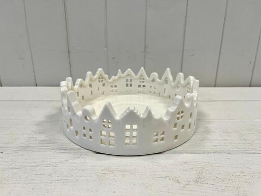 White Glazed Ceramic Candle Tray with Silhouette Houses Design