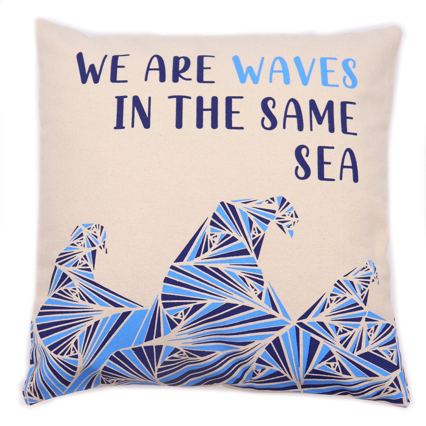 We are Waves Grey, Blue and Natural Printed Cotton Cushion Cover