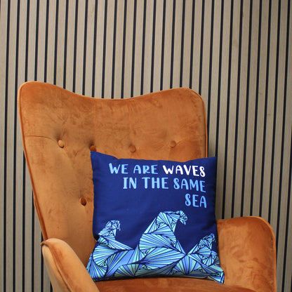 We are Waves Grey, Blue and Natural Printed Cotton Cushion Cover