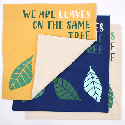 We are Leaves Yellow, Blue and Natural Printed Cotton Cushion Cover