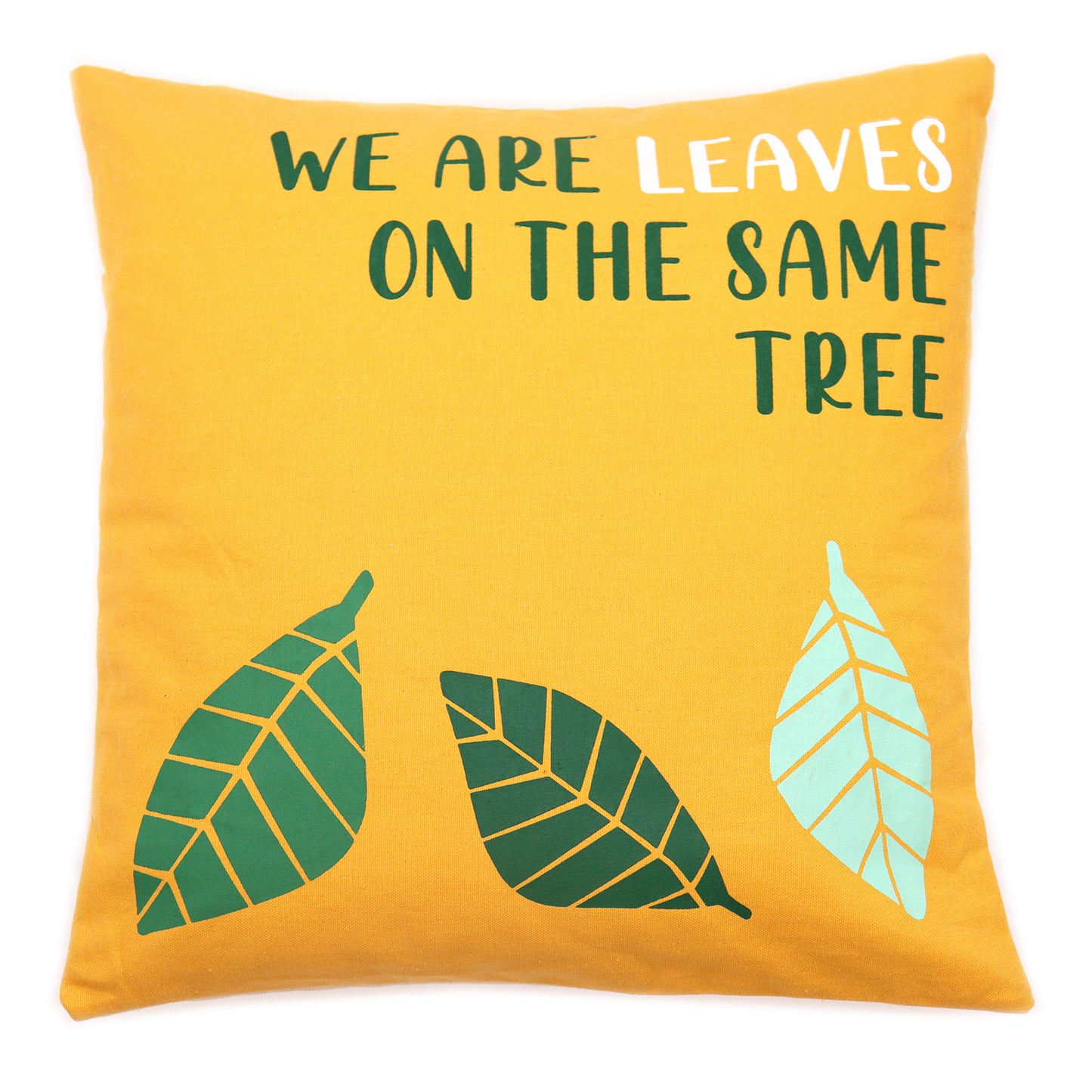 We are Leaves Yellow, Blue and Natural Printed Cotton Cushion Cover