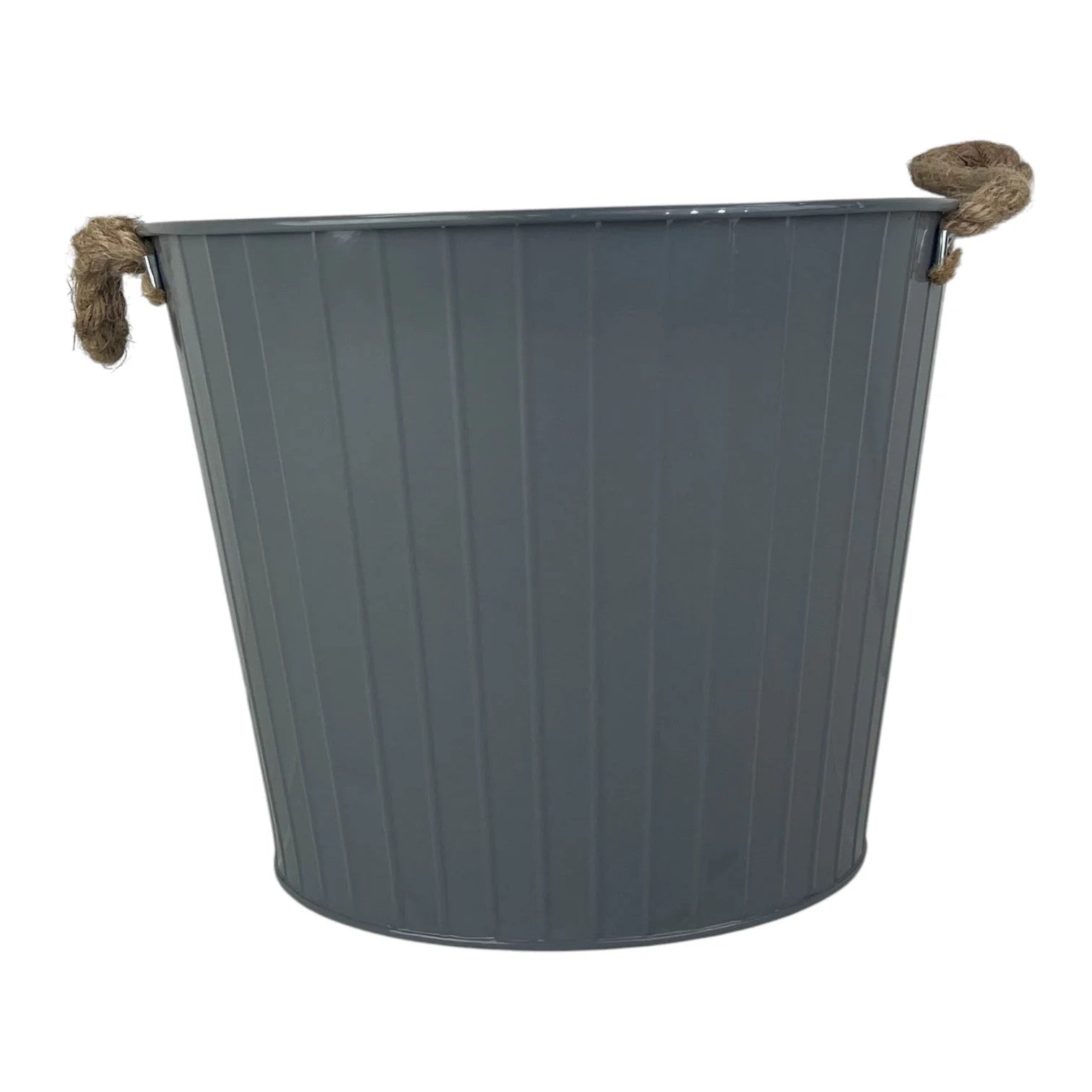 28cm Cool Grey Round Tapered Zinc Planter with Rope ears and Drainage Hole