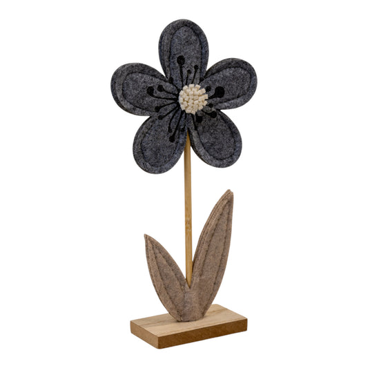 Medium Grey Felt Flower on Wooden Base Decoration