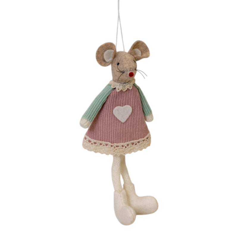 Pink Fabric Sitting / Hanging Mouse With Green Sleeves