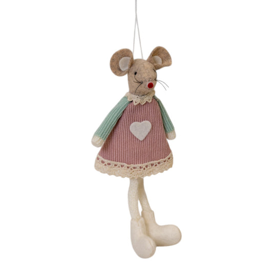 Pink Fabric Sitting / Hanging Mouse With Green Sleeves