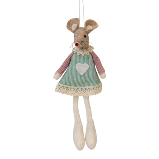 Green Fabric Sitting / Hanging Mouse With Pink Sleeves