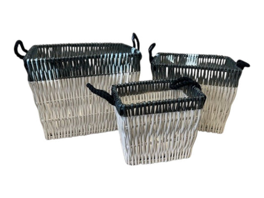 White and blue wicker baskets (set of 3)