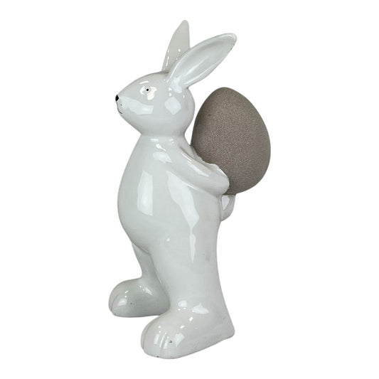 Ceramic White Rabbit holding an Egg H17.5cm
