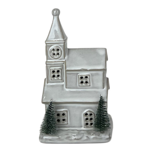 Glazed Ceramic Church Ornament with Textured Detail and LED