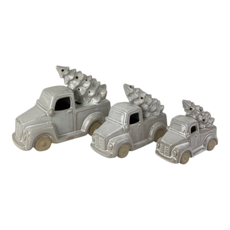 Glazed Ceramic Car Carrying Christmas Tree Ornament with Textured Detail