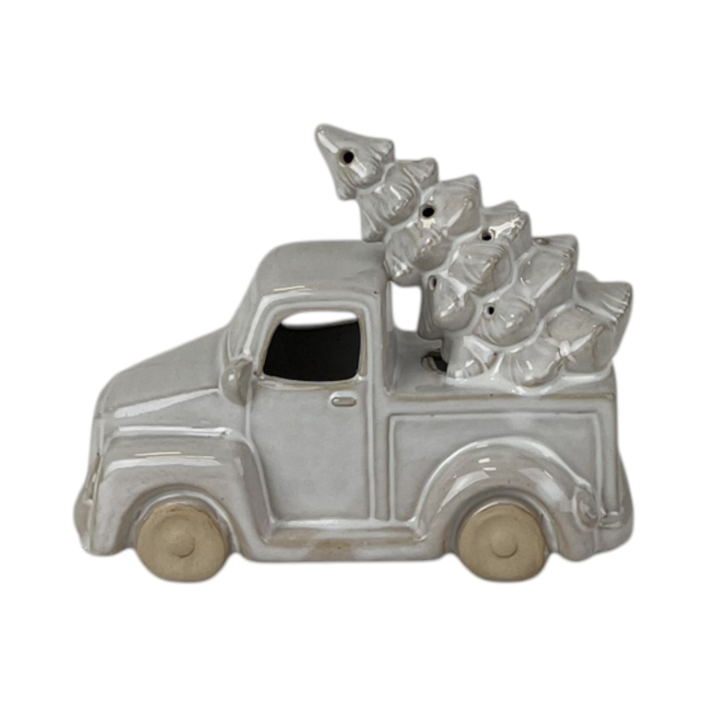 Glazed Ceramic Car Carrying Christmas Tree Ornament with Textured Detail and LED
