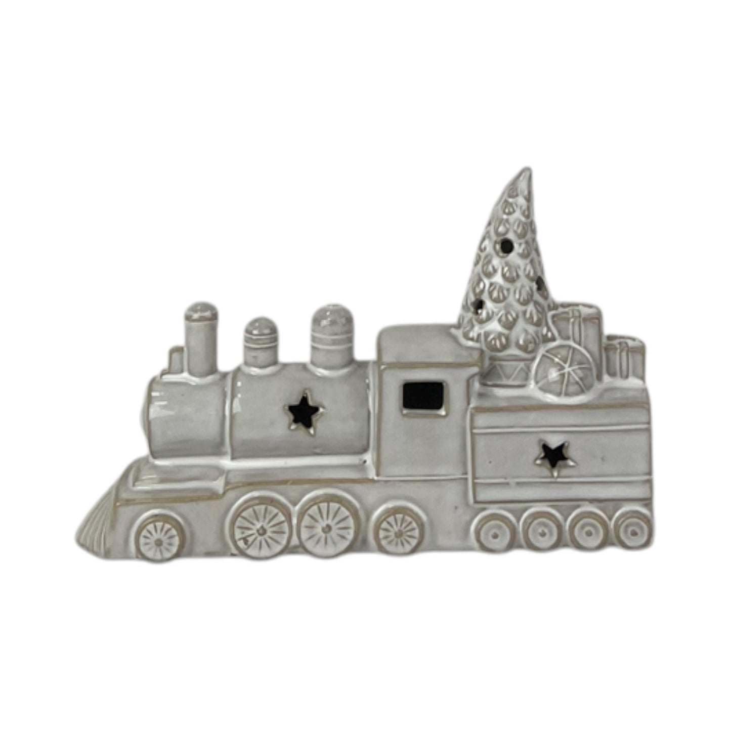 Glazed Ceramic Train Ornament with Textured Detail and LED