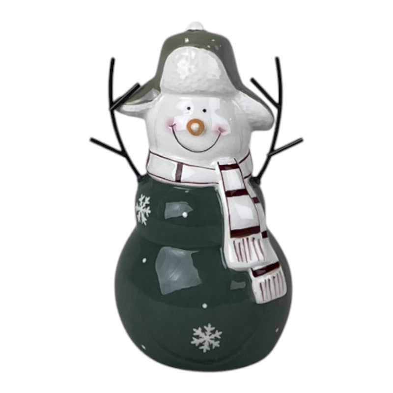 Dark Green/White Ceramic Snowman Decoration
