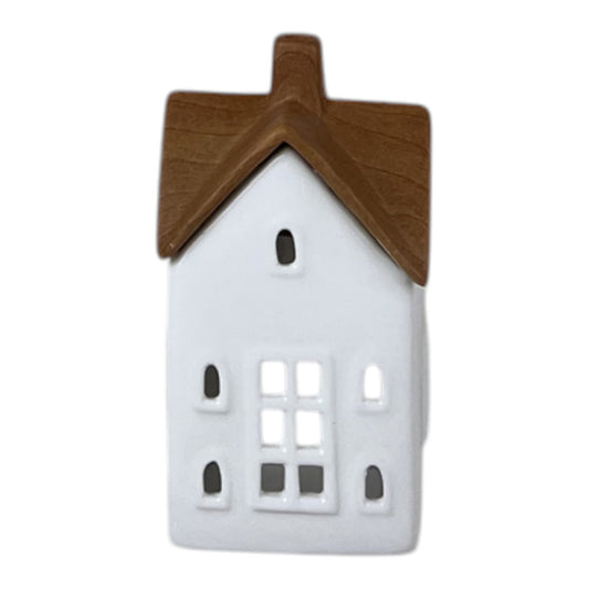 White/Wood Grain Effect Ceramic House Tealight Holder
