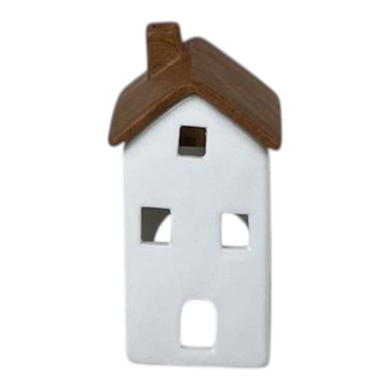 White/Wood Grain Effect Ceramic House Tealight Holder