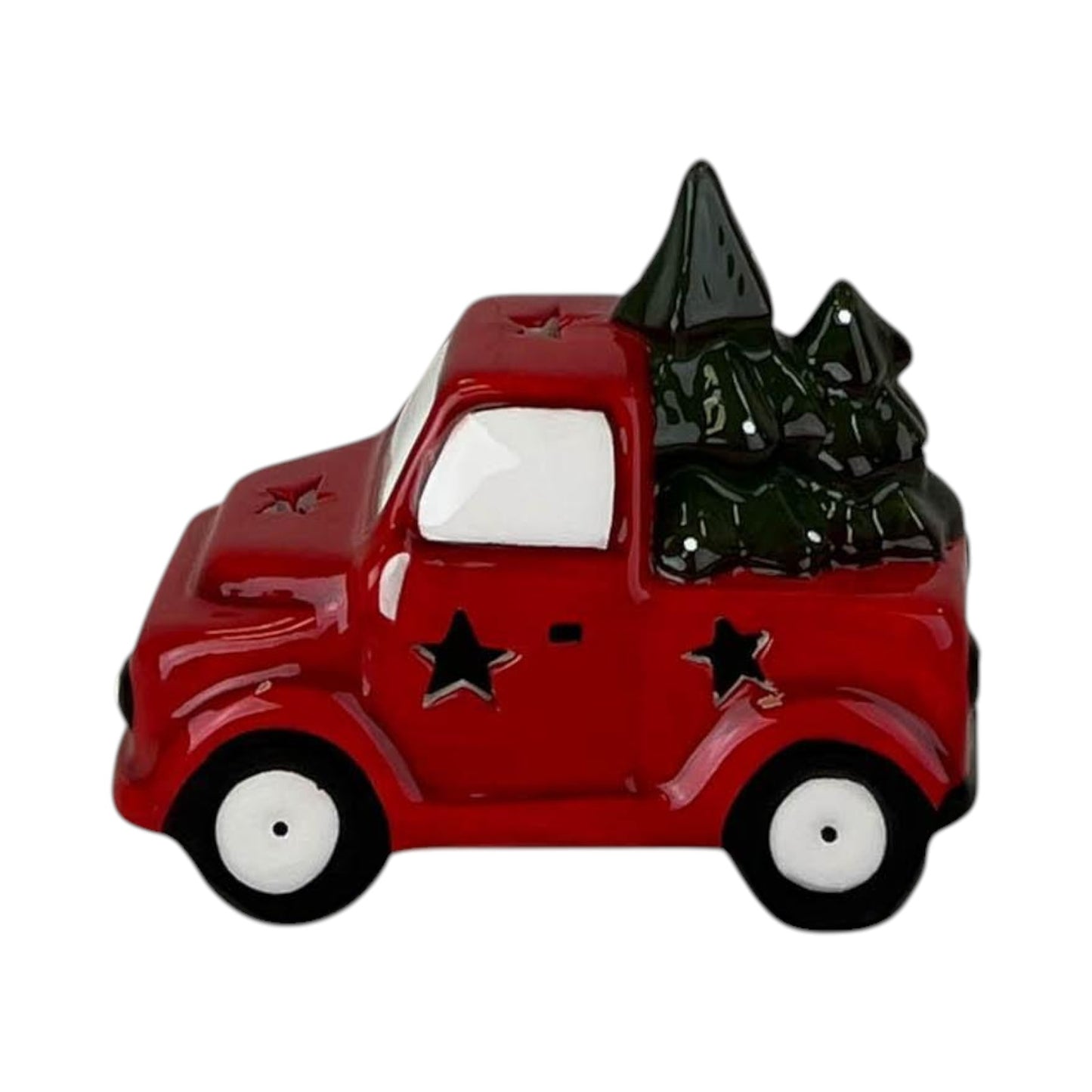 Red Ceramic Car Carrying Christmas Trees Decoration with LED (10.5cm)