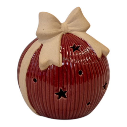 Large Red Ceramic LED Bauble with Bow Detail. With 6 Hour Timer