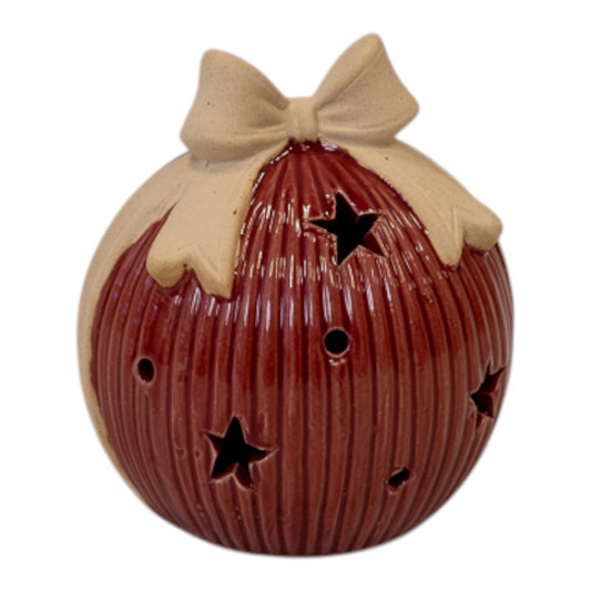 Medium Red Ceramic LED bauble with Bow Detail. 6 Hour Timer
