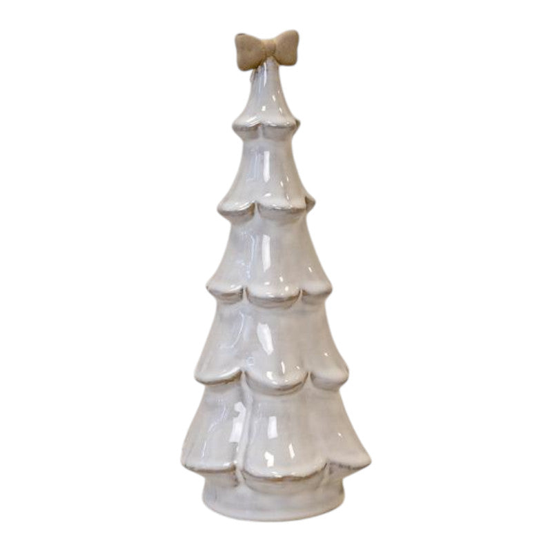 Large Stone Glazed Ceramic Christmas Tree with Cream Bow on Top