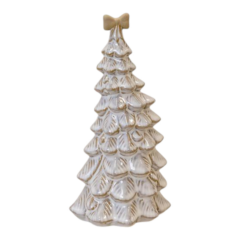 Medium Stone Glazed Ceramic Bendy Christmas Tree with Cream Bow on Top