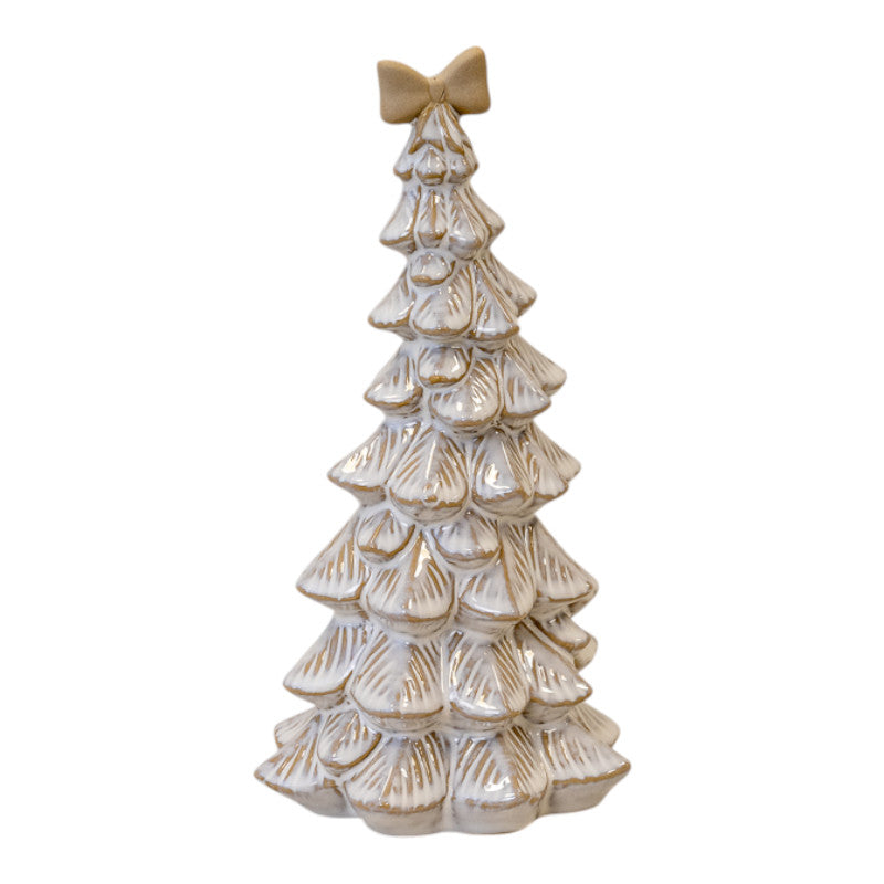 Large Stone Glazed Ceramic Bendy Christmas Tree with Cream Bow on Top