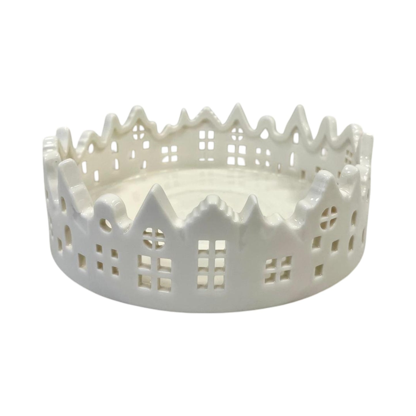 White Glazed Ceramic Candle Tray with Silhouette Houses Design