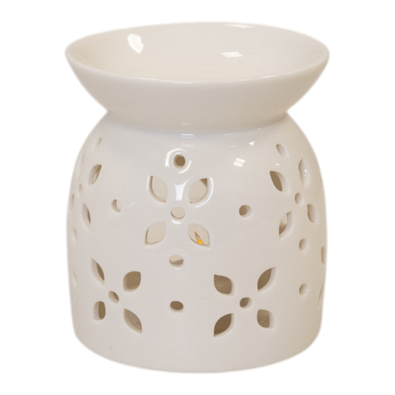 Large White Ceramic Glazed Oil Burner with Flower Petal Design