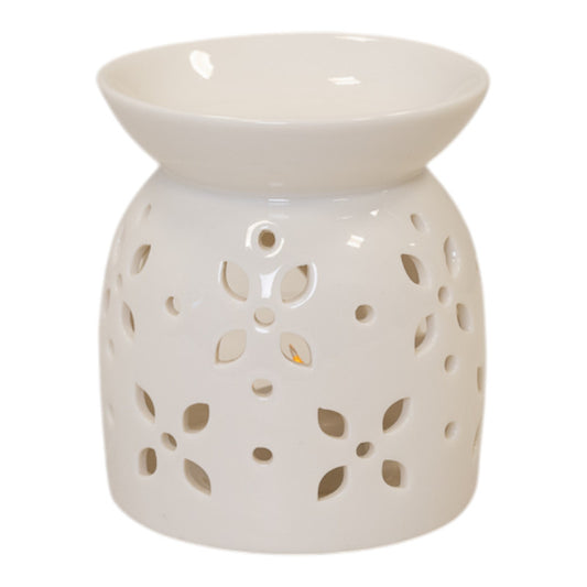 Large White Ceramic Glazed Oil Burner with Flower Petal Design