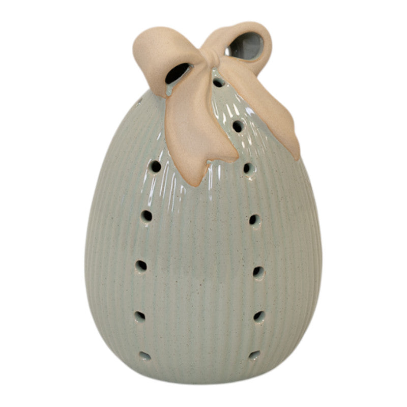 Sage Green Ceramic Egg with Bow Large with LED Timer