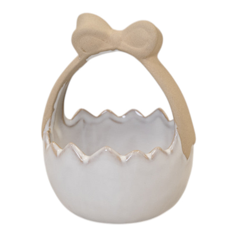 Ceramic Easter Egg Basket White Glazed with Unglazed Bow Handle