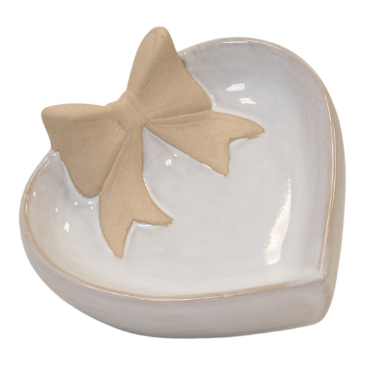 Heart Shaped Shallow Dish with Unglazed Bow Design 15.3cm