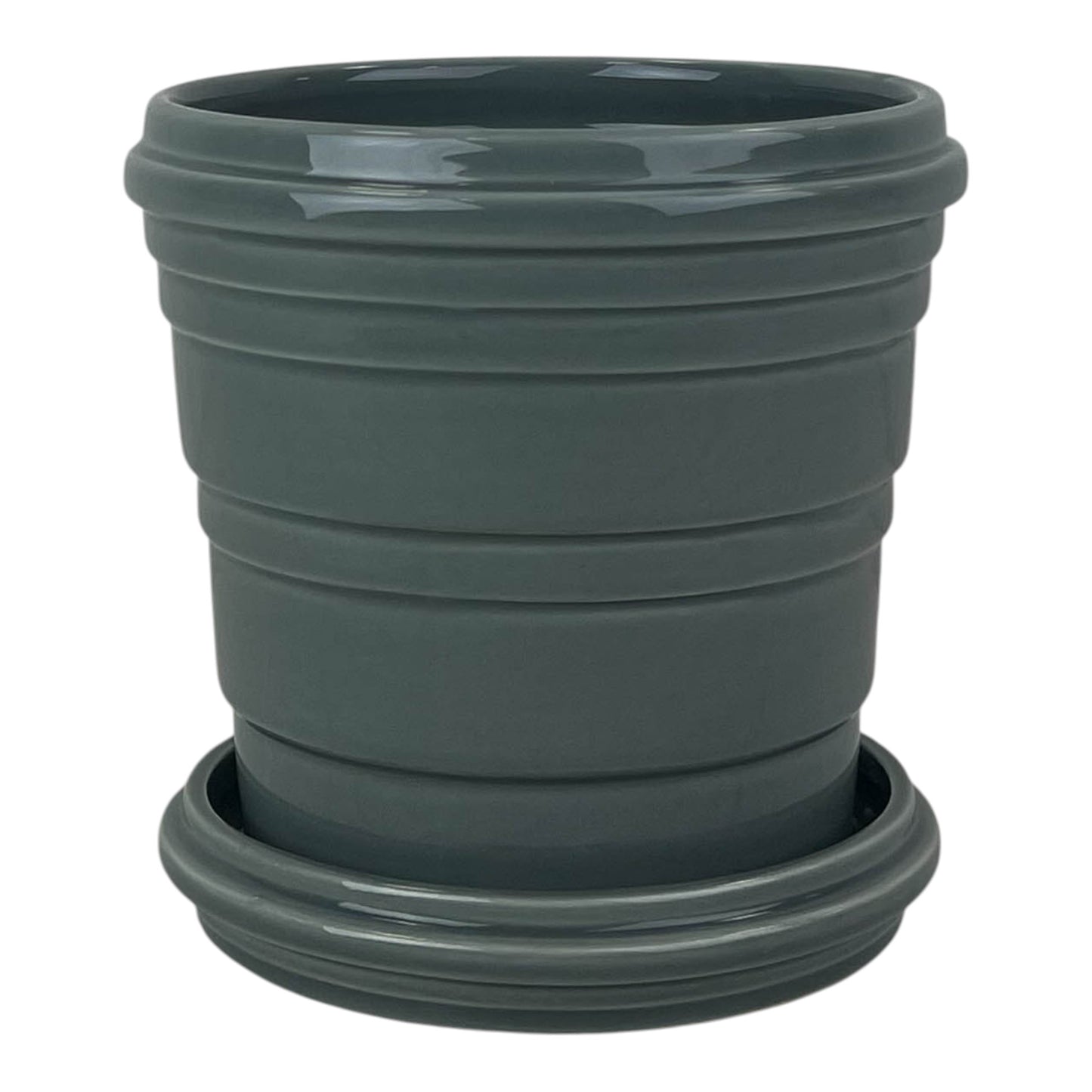 Grey Ribbed Ceramic Pot and Saucer D16cm H14.5cm