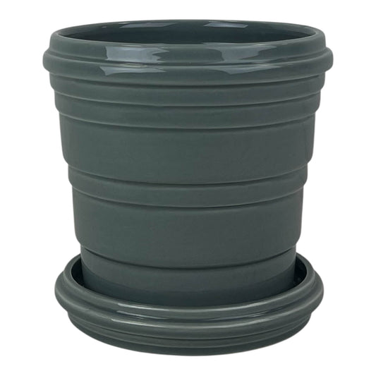 Grey Ribbed Ceramic Pot and Saucer D16cm H14.5cm