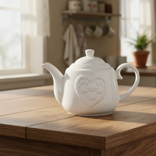 White Ceramic Teapot with Floral Heart Detail