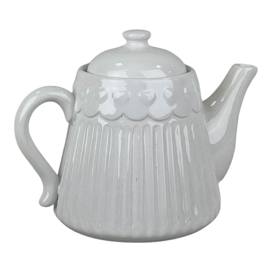 White Ribbed Ceramic Teapot with Heart Pattern
