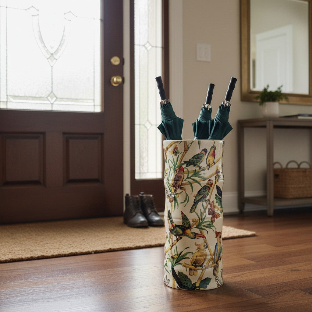 Ceramic Umbrella Stand  Bamboo & Tropical Bird Design